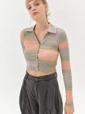 UO Skylar Ribbed Button Front Cropped Collar Long Sleeve Sweater Pastel Size M